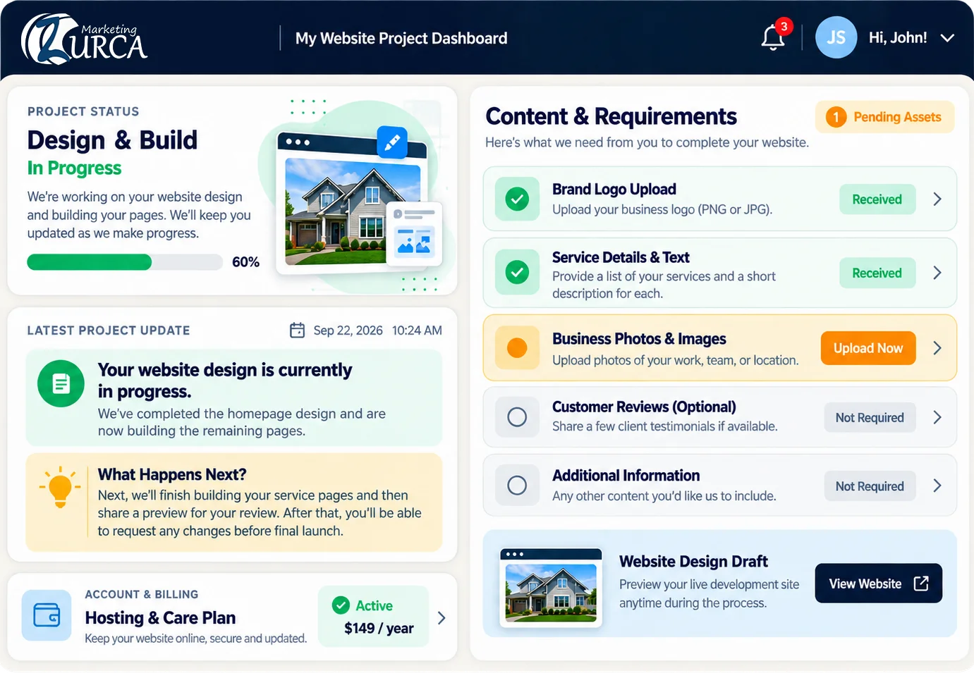 Free Website Program client portal for tracking website design progress and submitting content
