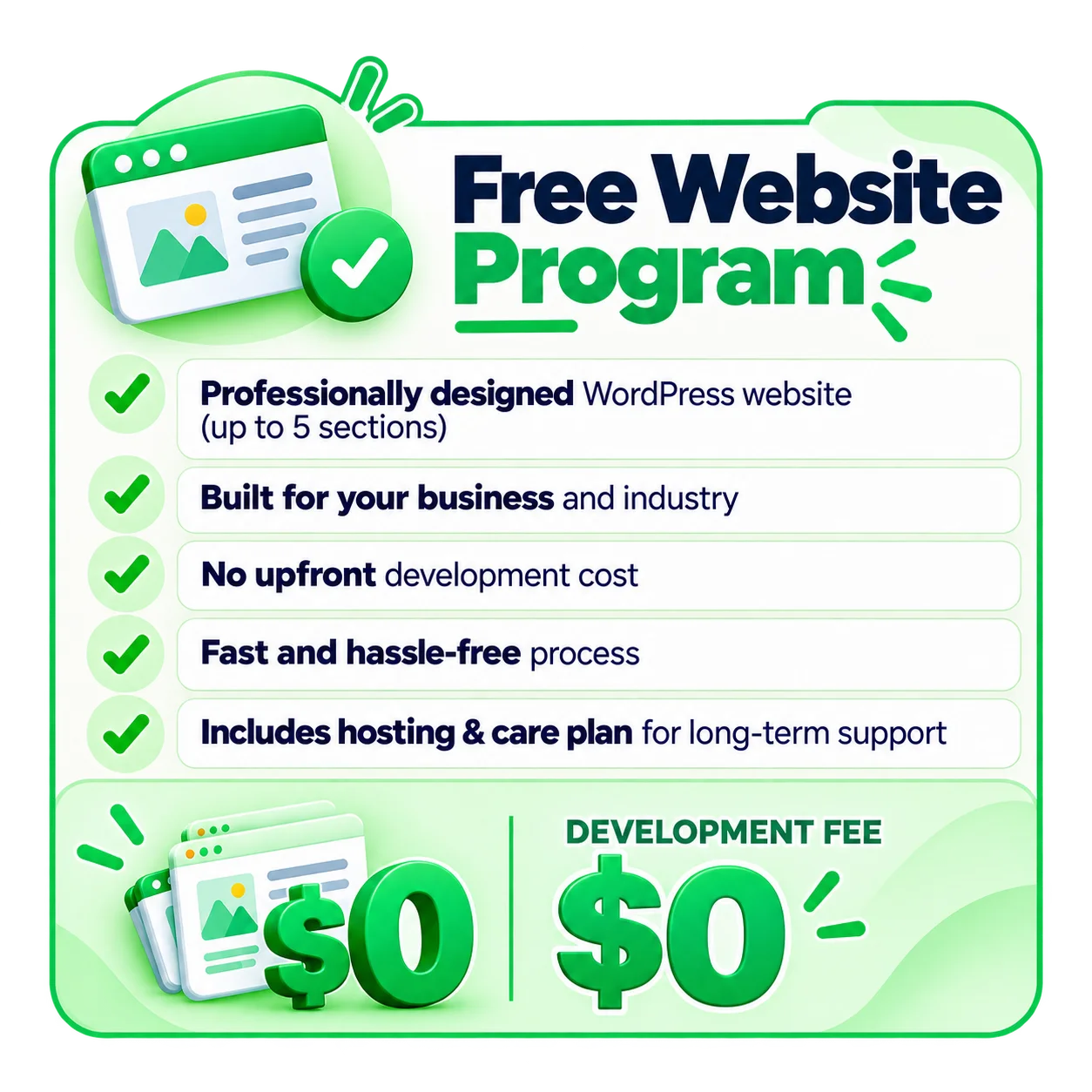 Free Website Program with professional WordPress design and $0 development fee