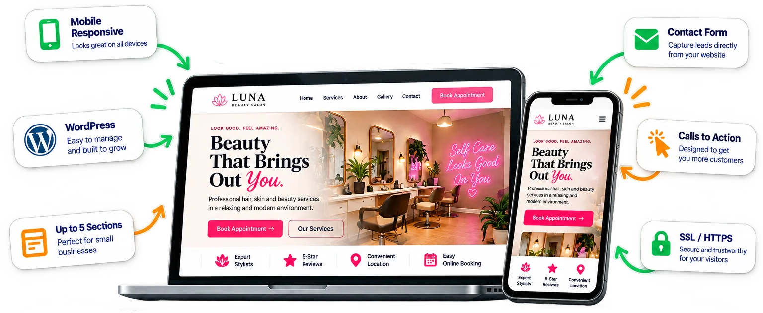 Responsive WordPress website for a beauty salon shown on desktop and mobile
